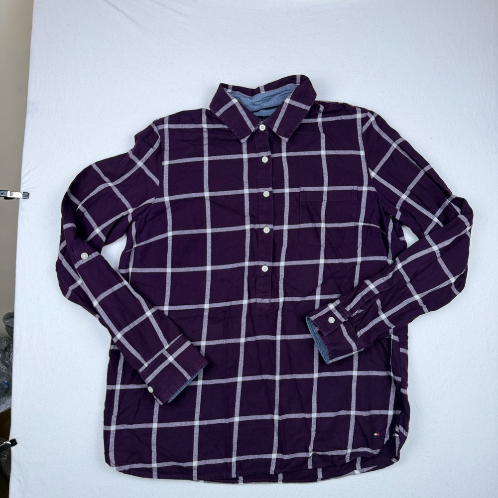 Tommy Hilfiger Purple Windowpane Plaid Flannel Roll Tab Sleeve Shirt Womens M